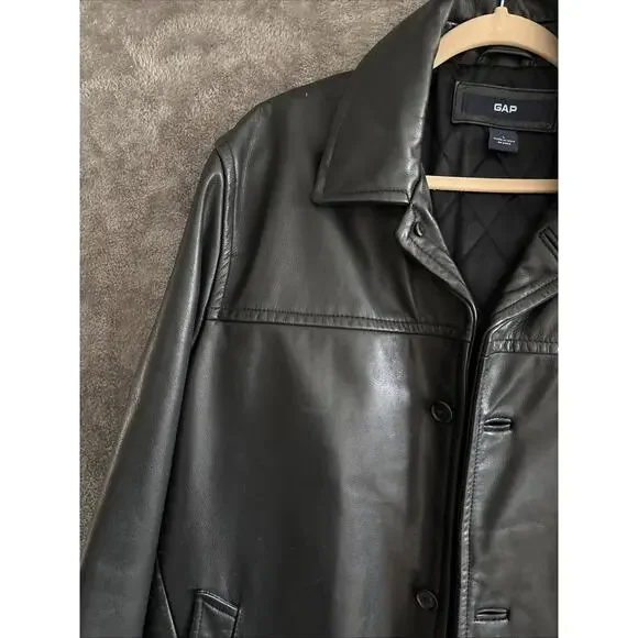 Vintage Gap Car Coat Leather Jacket Quilted Black Mens Large Biker